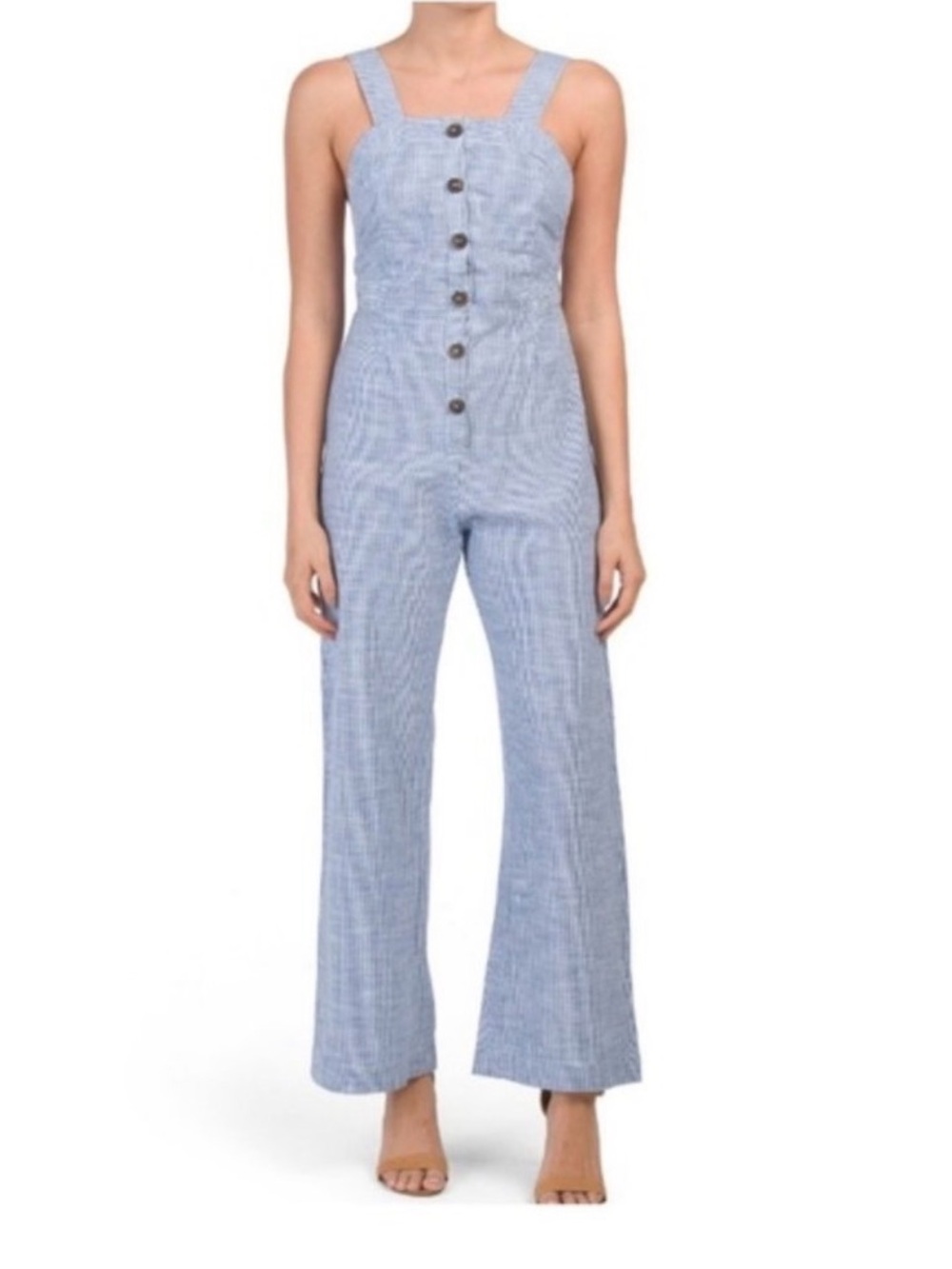 Japan Wide Leg Jumpsuit Women's Blue Pinstripe Suspender Button Front Sz M